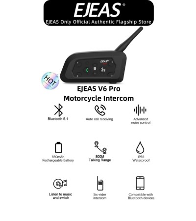 Ejeas V6 Pro Bluetooth Motorcycle Helmet Intercom Headset, Bluetooth 5.1 with 850mAh, CVC Noise Reduction 1 Pack